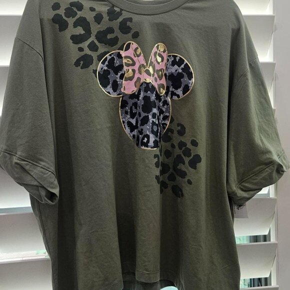 Disney SS Shirt Minnie Mouse Women's XL Cotton/Polyester Olive Green Pink Bow - Picture 1 of 16